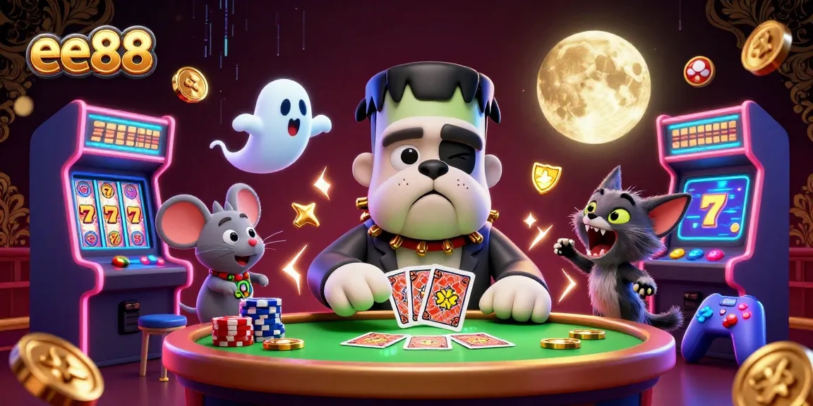 ee88 cartoon monster dealer handling cards at a spooky casino table amidst vibrant game elements