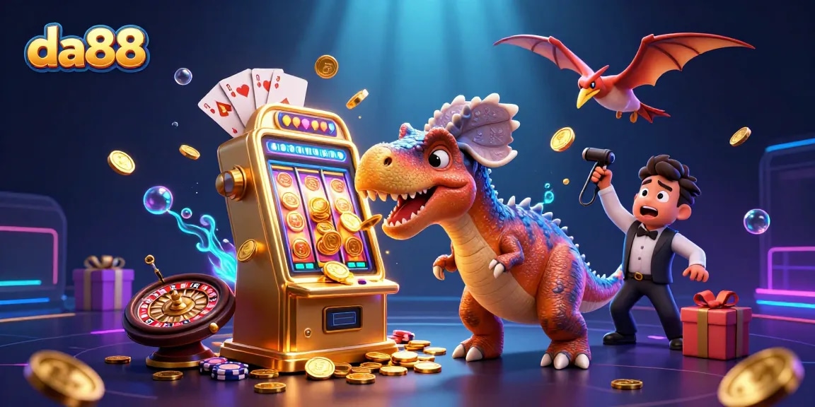 da88 players enjoy jackpots as a pachycephalosaurus interacts with a golden slot machine