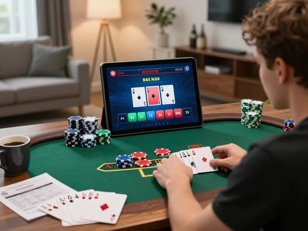 Open88 user enjoying a live dealer blackjack game at home, showcasing online gambling excitement