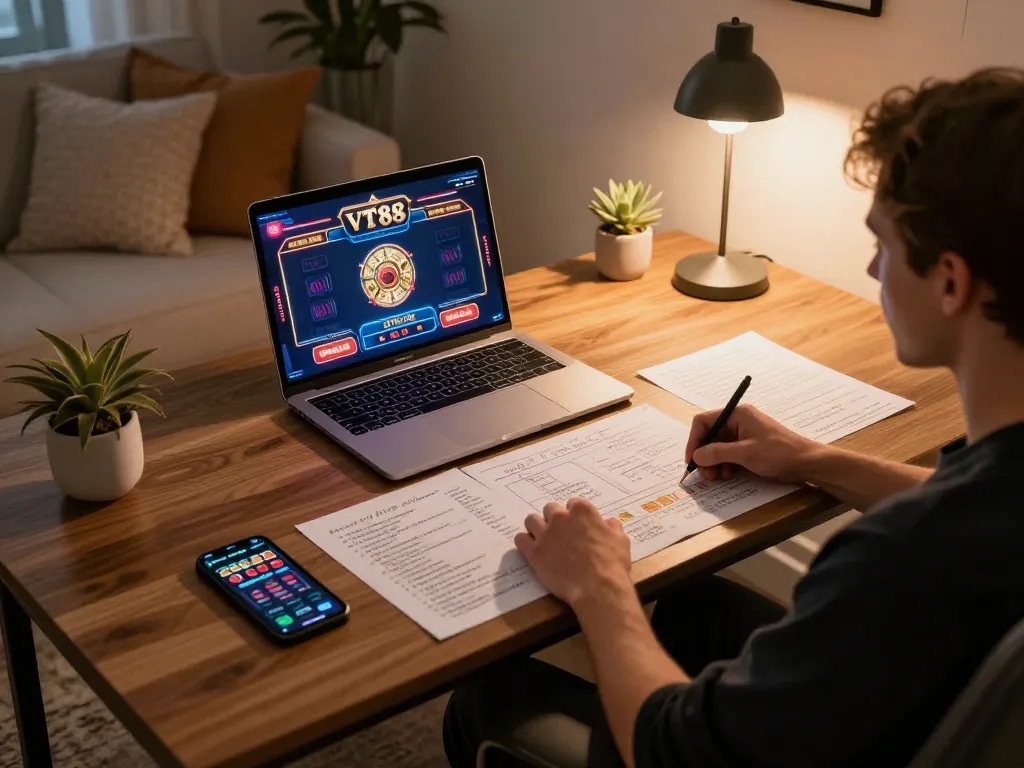 Player engaging with VT88 online casino game on laptop in cozy home office