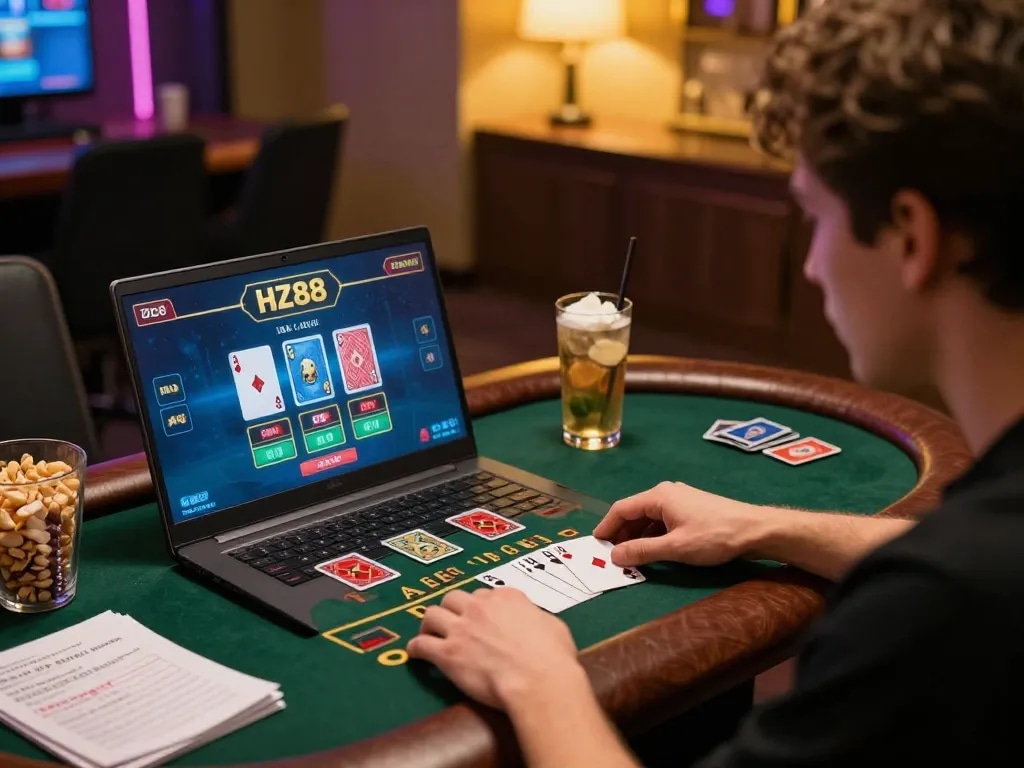 Player enjoying HZ88 online blackjack with a strategic approach in a cozy gaming setup