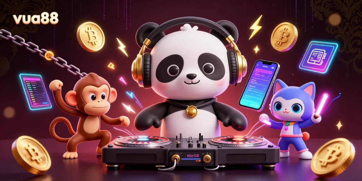 Experience exhilarating gameplay with the vibrant vua88 cartoon scene featuring a DJ panda and crypto elements.