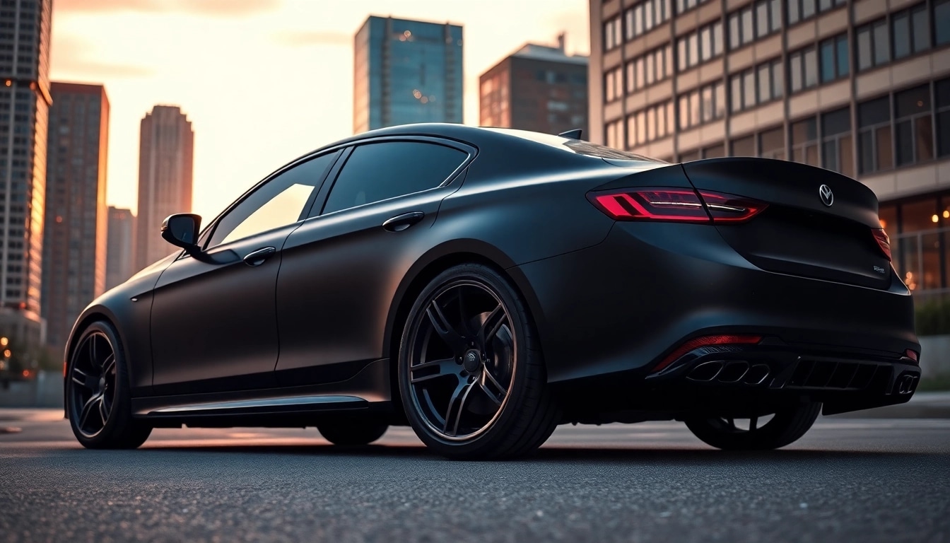 Die matt schwarze Folierung eines stilvollen Fahrzeugs, das in urbaner Umgebung glänzt.