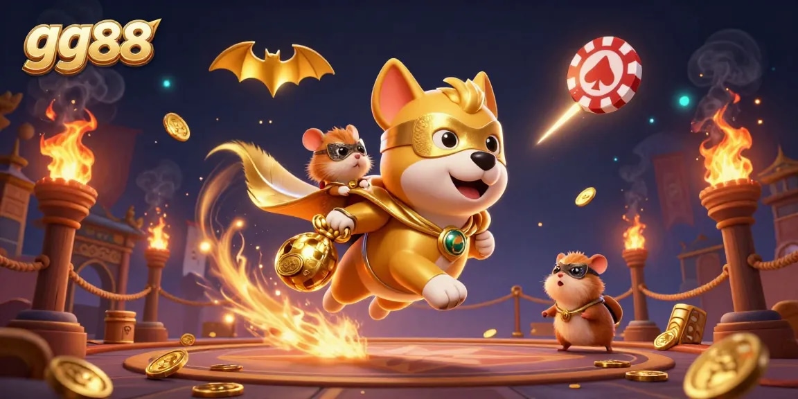Reveal extraordinary prizes with gg88 while the superhero dog and hamster soar through a captivating casino scene.
