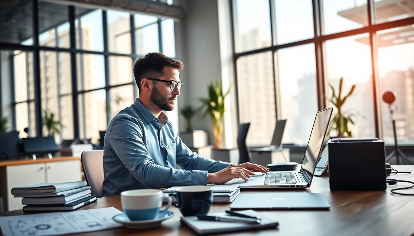 Webentwickler Hannover bei der Arbeit in modernem Büro mit Laptop und kreativen Materialien.
