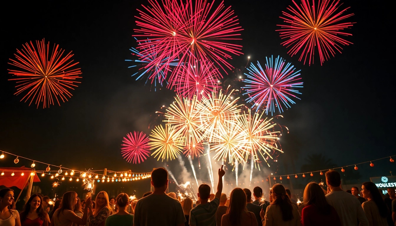 Create an imaginative display of cheap fireworks near me lighting up the night sky at a community celebration.