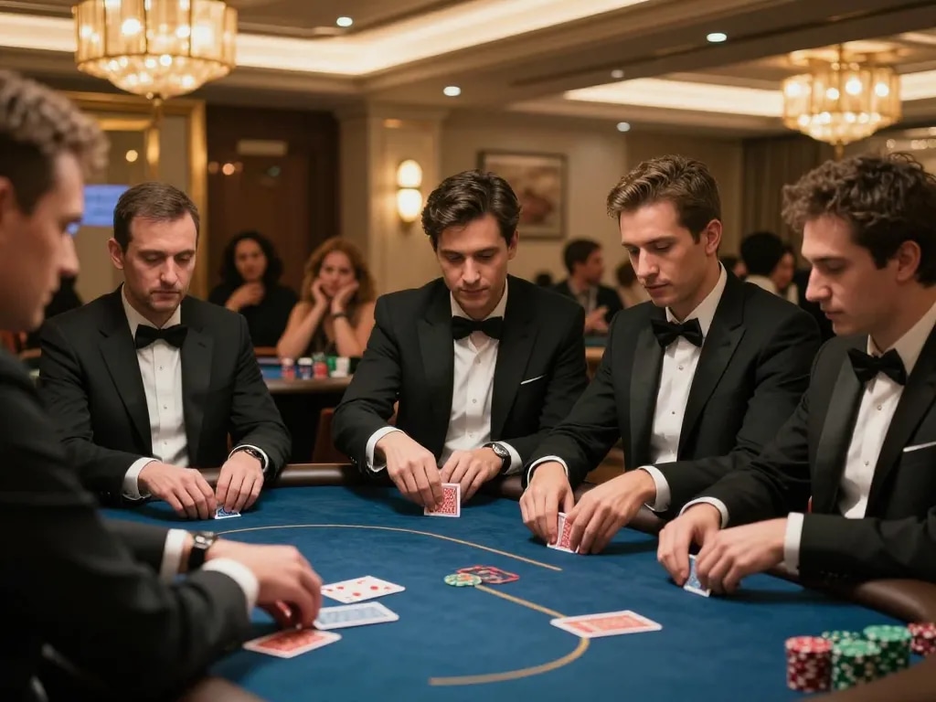 SC88 players focus on strategic poker hands at a luxurious casino table.