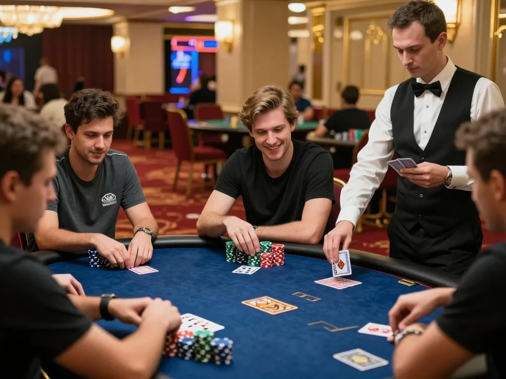 Action at the poker table with 11win players focused on winning strategies amidst vibrant casino atmosphere.