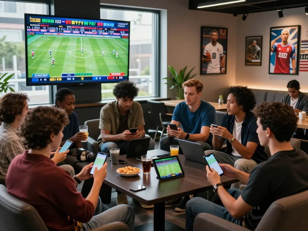 Exciting zbet online sports betting scene with diverse bettors engaging in a lively sports lounge atmosphere.