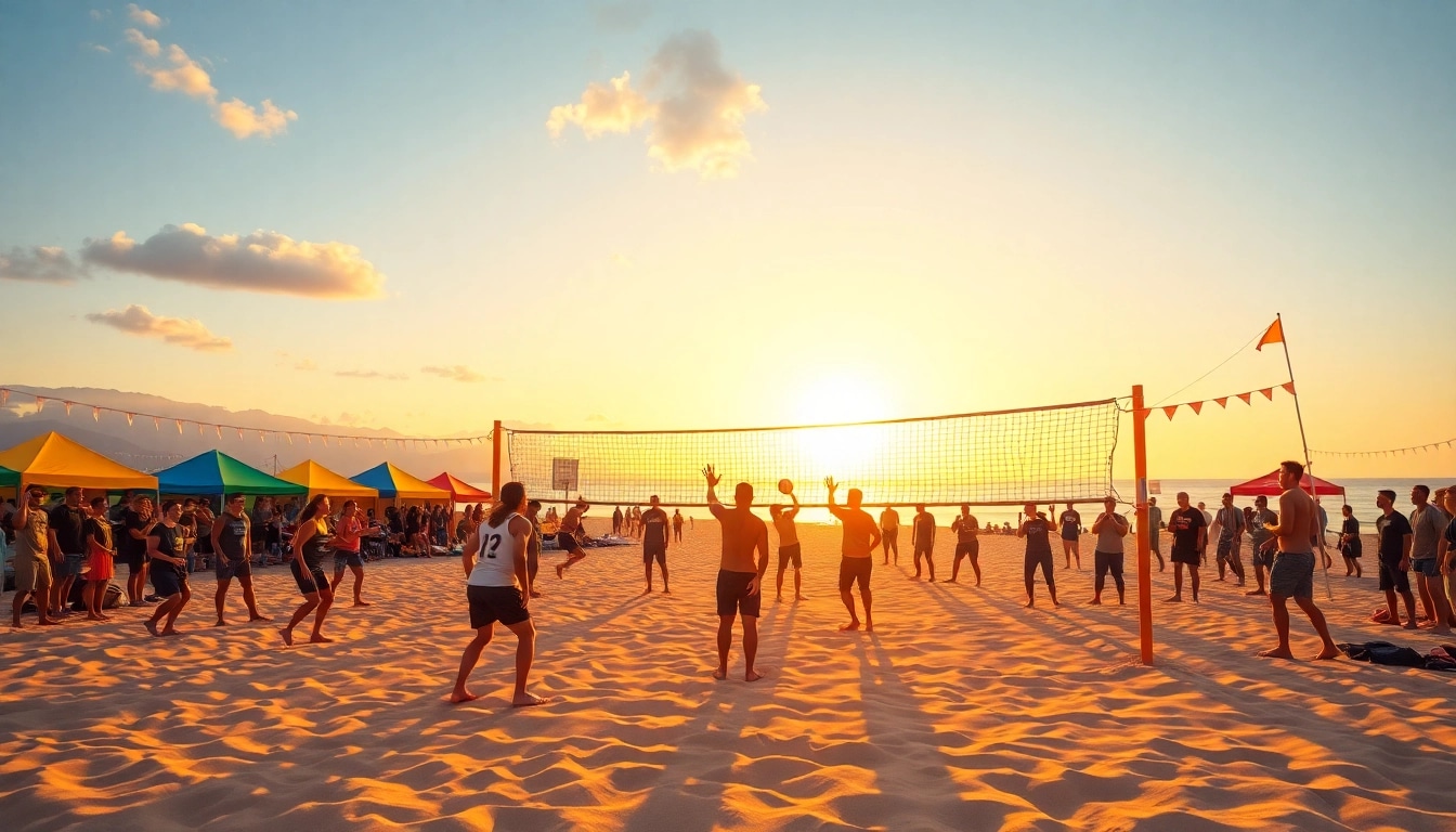 Begeisterte Spieler von https://thebeachvolleyballcamps.com/ erstellen eine lebhafte Beachvolleyballszene beim Sonnenuntergang.