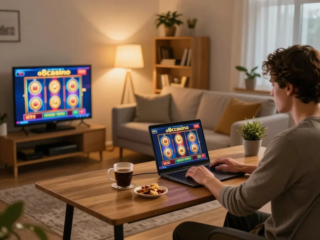Player enjoying slots on o8casino in a cozy home setup, with vibrant game screen and relaxing ambiance.