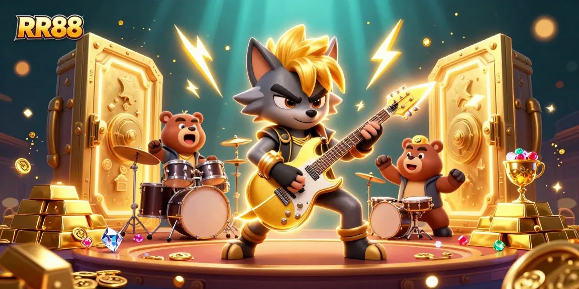 Experience the thrill at RR88 casino featuring a rock star wolf and drummer bear amidst gold treasures.