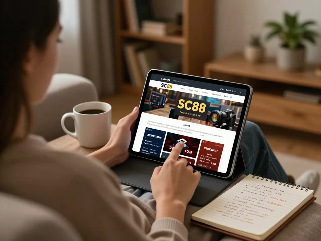 Engaging with SC88 online casino game on a tablet in a cozy home environment.