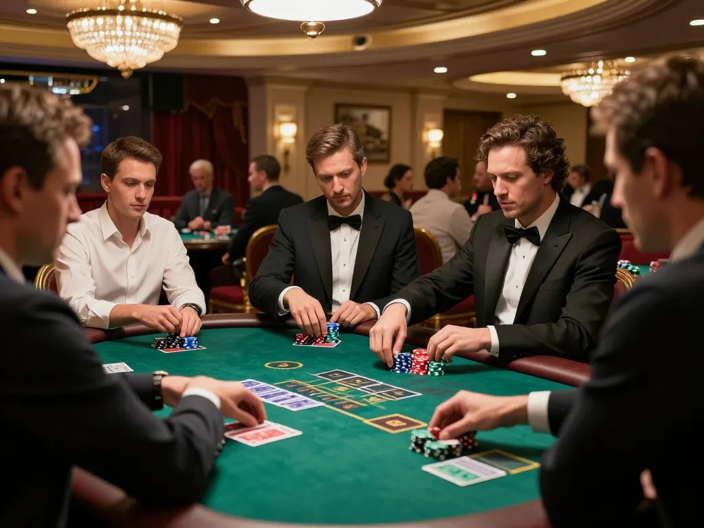 lc88pro players intensely strategizing their bets during a thrilling blackjack game at a luxury casino