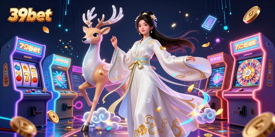 A stunning 39bet casino scene featuring an Asian woman in ornate hanfu, surrounded by slot machines and roulette.