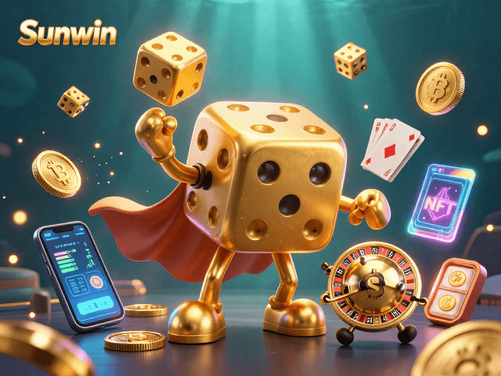 Experience the thrill of Sunwin as a golden dice golem juggles winnings and crypto in a vibrant casino scene.