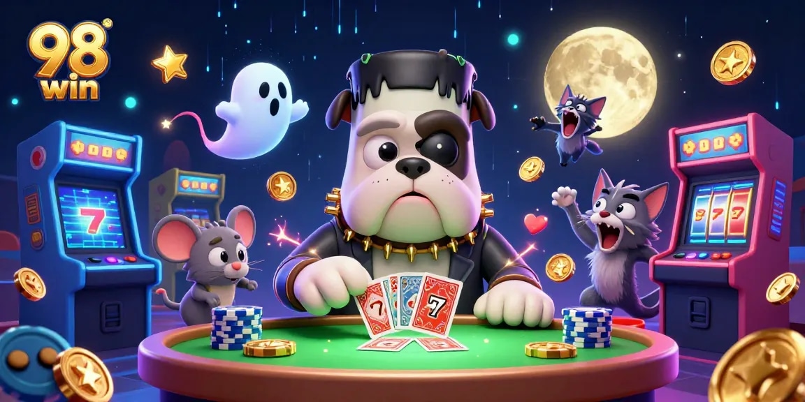 Engage with 98 win as a Frankenstein bulldog deals cards amidst glowing slot gaming elements.