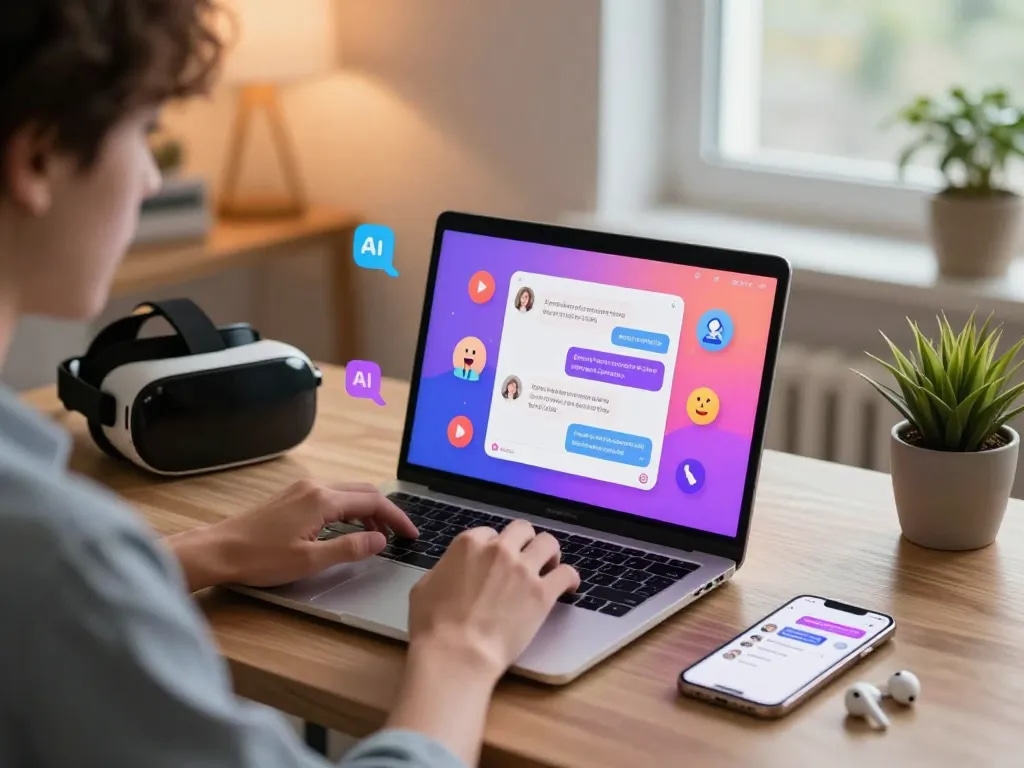 Engaging interaction on porn chat ai with vibrant digital interface and modern tech setup.