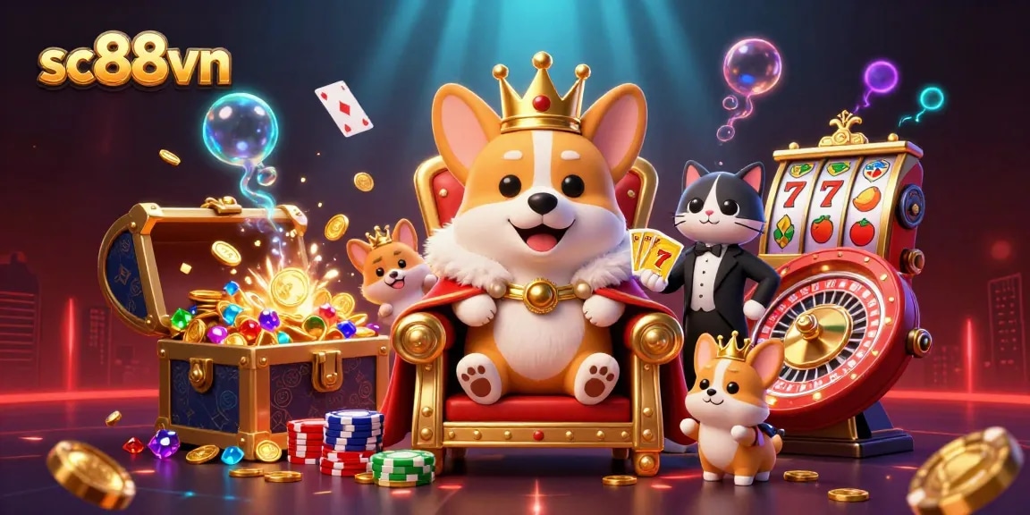 Experience high-stakes gaming action with sc88vn's royal corgi surrounded by vibrant casino elements.