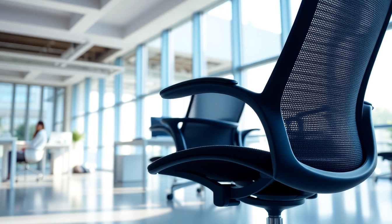 Herman Miller Aeron ergonomischer Bürostuhl im modernen Büro zeigt élégante Linien und Mesh-Stoff.