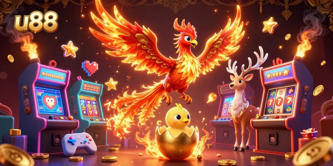 Experience thrilling gameplay at u88 with this vibrant 3D illustration showcasing animated casino elements.