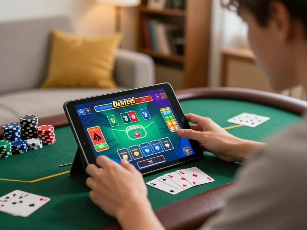 Player enjoying blackjack on their tablet in a cozy home setting emphasizing tv88 online gaming.