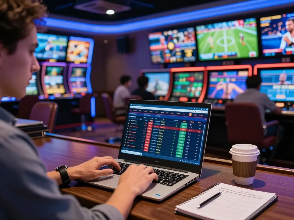 Engaged player using SC88 COM laptop for strategic sports betting at an exciting online casino.