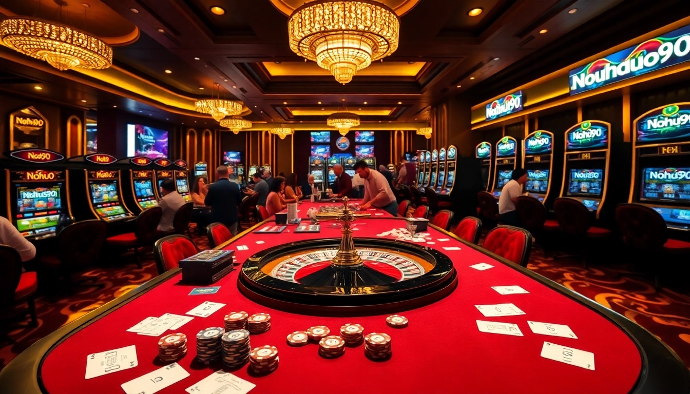 Nohu90 slot machines and poker table in an upscale casino environment, highlighting engaging gaming experiences.