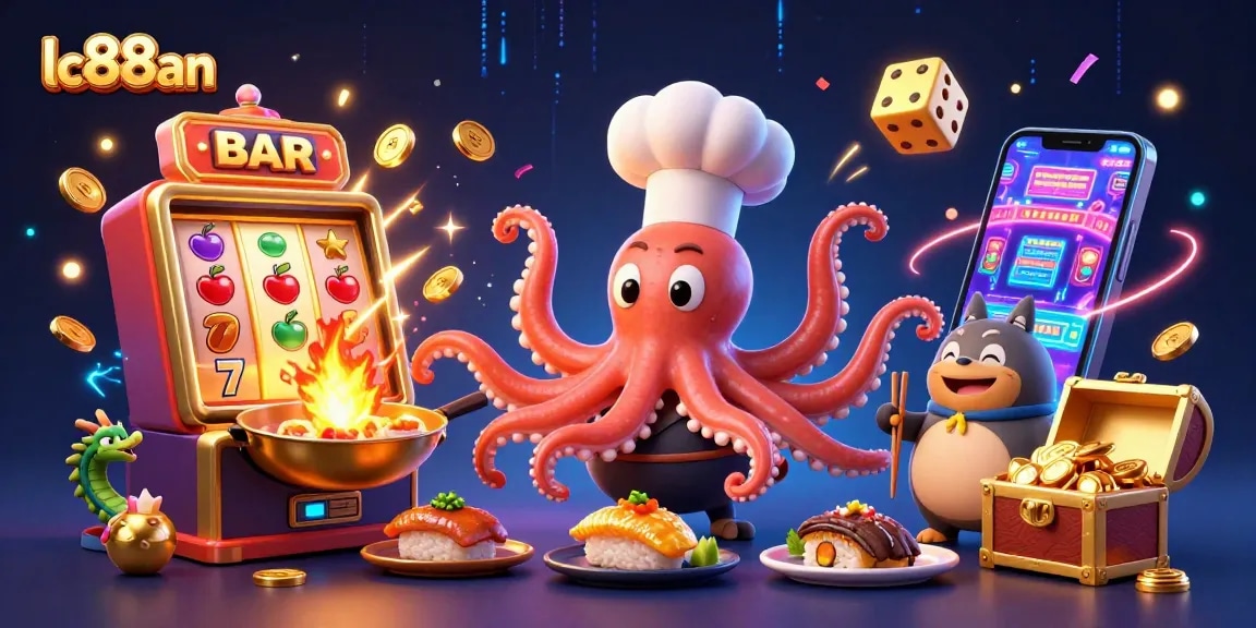 Engage with lc88an's vibrant casino atmosphere illustrated with a dynamic scene featuring gaming elements, characters, and rich details.