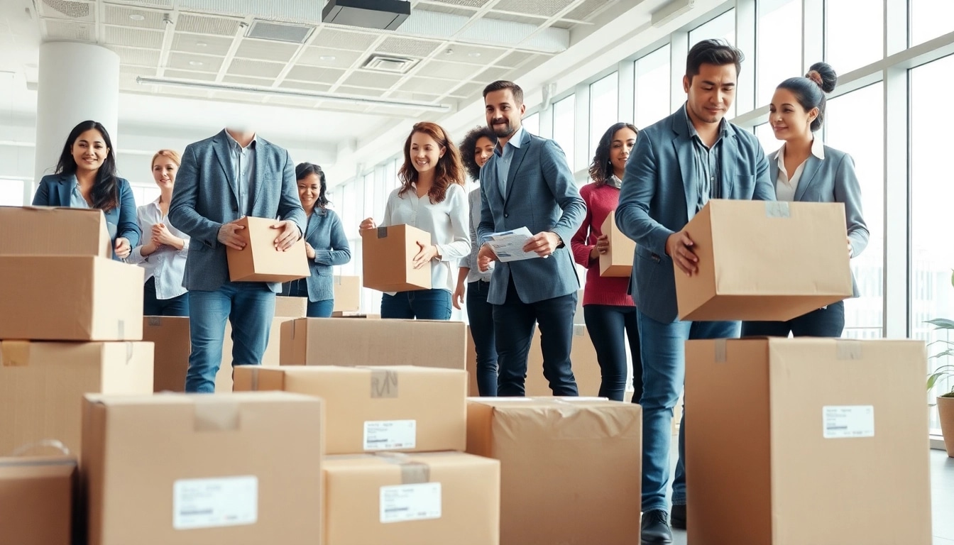 Büroumzug Berlin mit einem Team, das effizient beim Packen und Bewegen von Büromaterialien hilft.