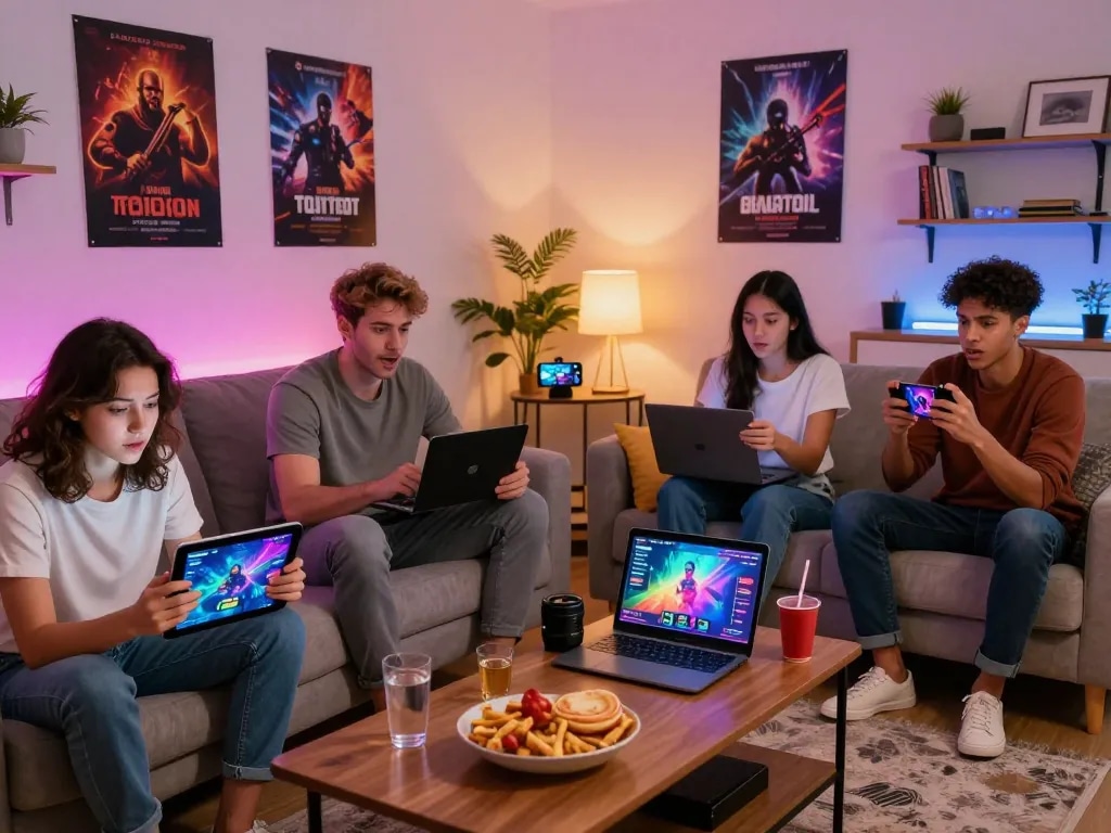 Engaged players enjoying porn game online in a cozy, modern setting with multiple devices and vibrant atmosphere.