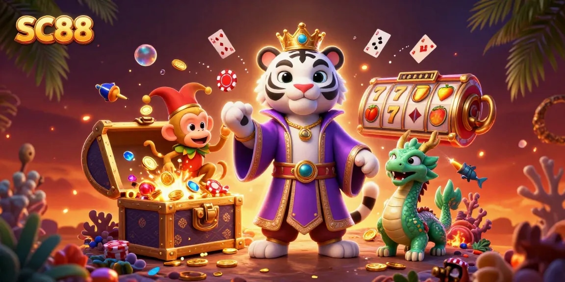 Experience the vibrant excitement of SC88 as animated characters engage in thrilling casino activities with gold coins and playing cards.