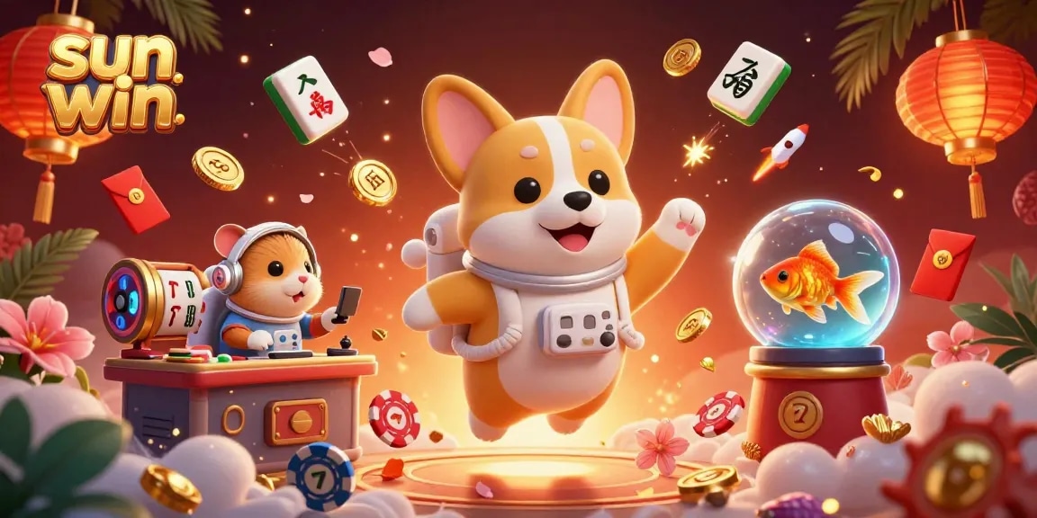 Experience fun at sun win with a floating corgi astronaut in a vibrant casino scene.
