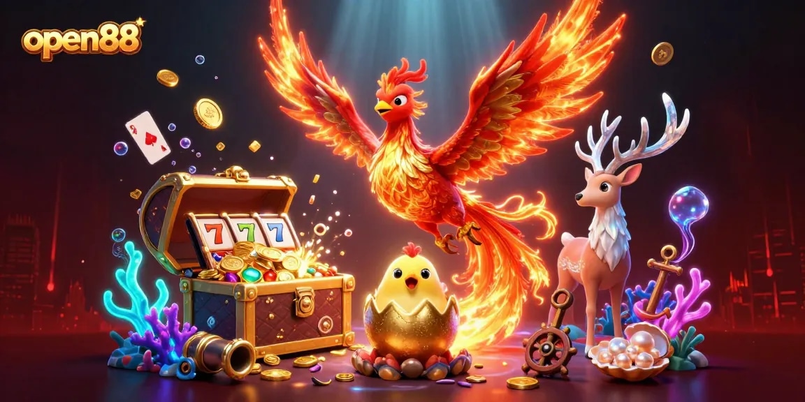 Spin and win big at open88 with vibrant 3D illustration featuring lucky symbols and mystical characters!