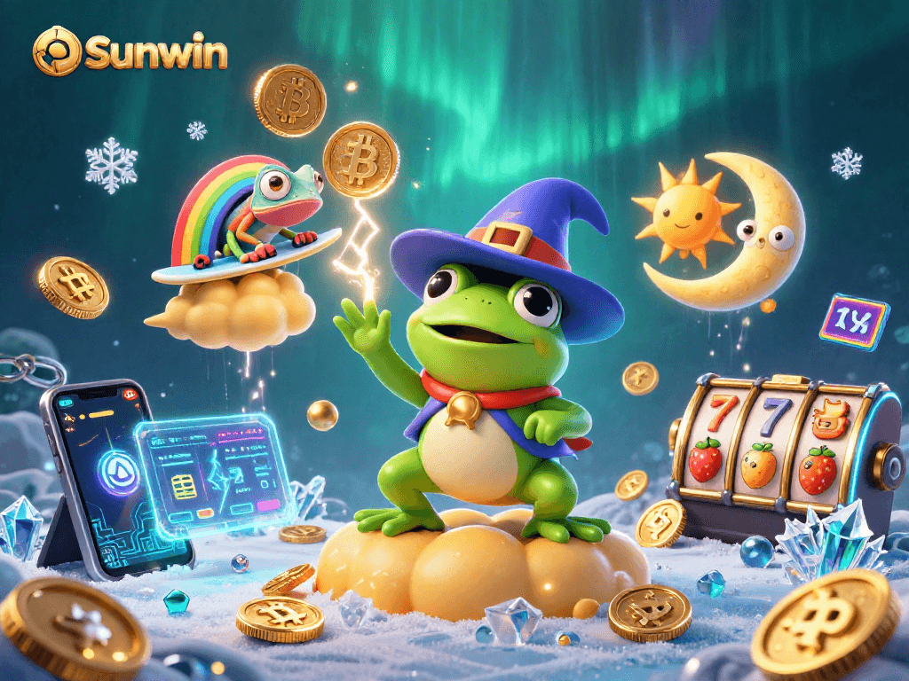 Experience the magic of Sunwin with thrilling action, golden coins, and vibrant characters in a dynamic gaming scene.
