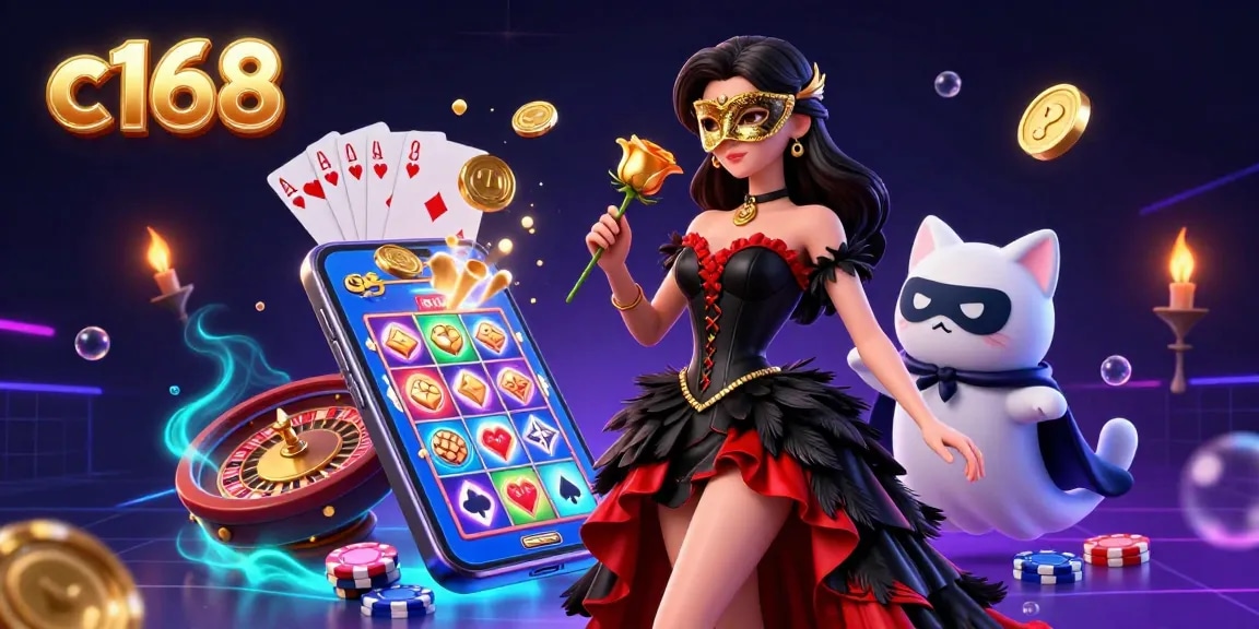 Experience thrilling slot games and golden rewards at c168 with vibrant game elements amidst a dramatic casino scene.