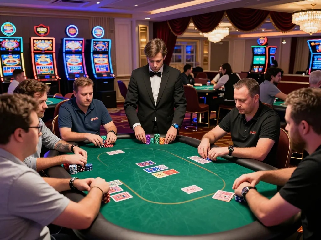 Players enjoying a thrilling poker game at 888new casino, with vibrant chips and cards under neon lights