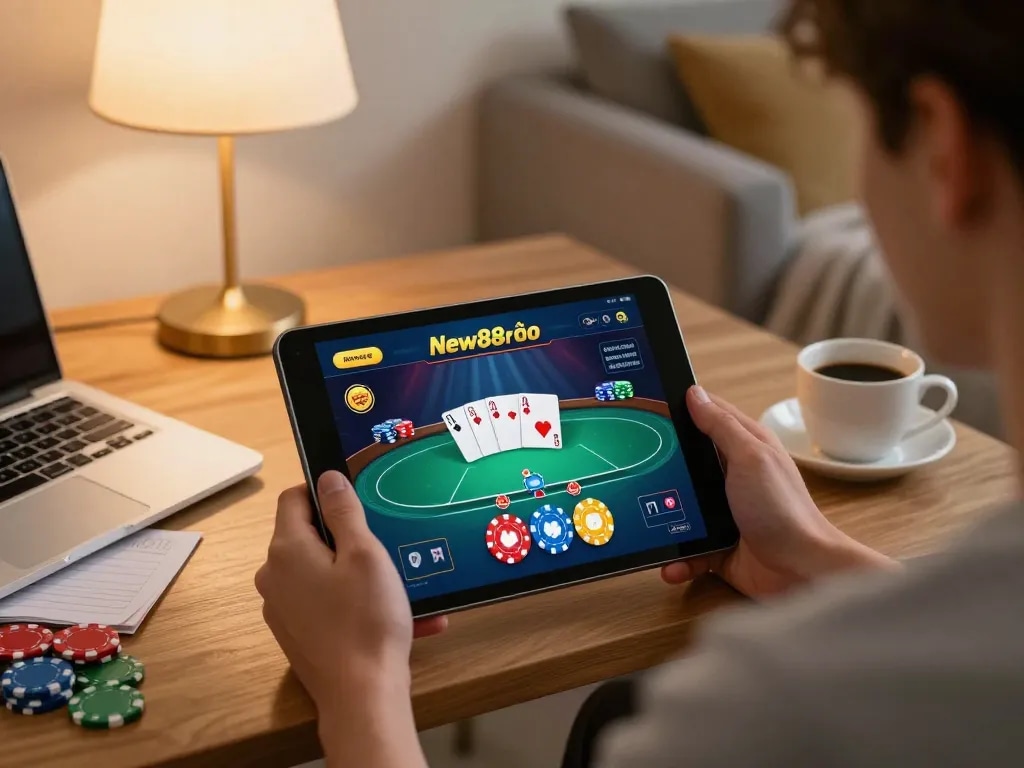 Engaging gameplay on New88 nhà cái poker app in a cozy home setting with strategic notes and warm lighting.