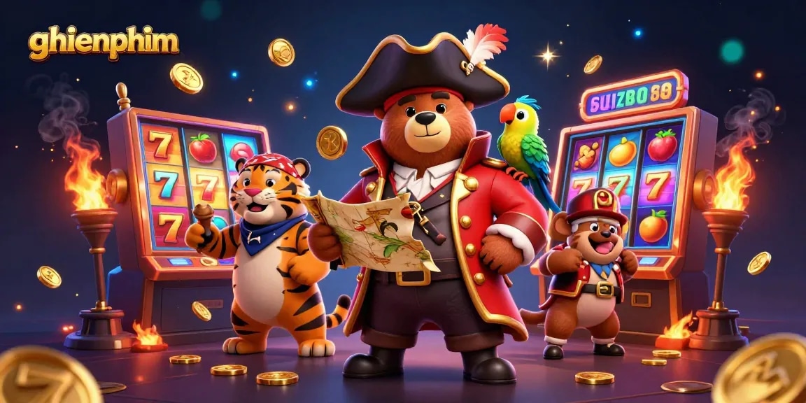 Experience thrilling gameplay with ghienphim featuring a pirate captain, tiger, and vibrant slot machines!