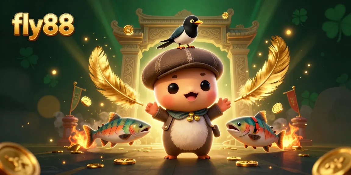 Engage with the fly88 casino as playful Nessie revels in gold and gaming excitement amidst rich animation.