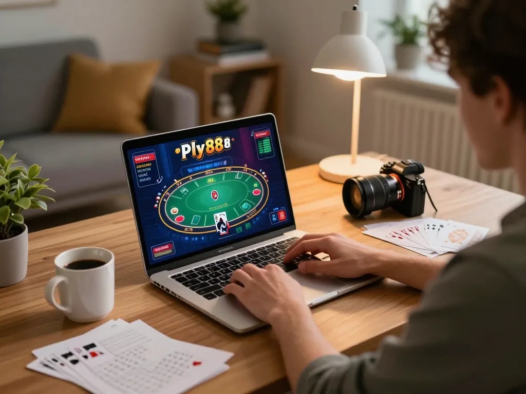 Engaging online poker game on laptop showcasing pfly88 strategy notes, cozy home gaming atmosphere.