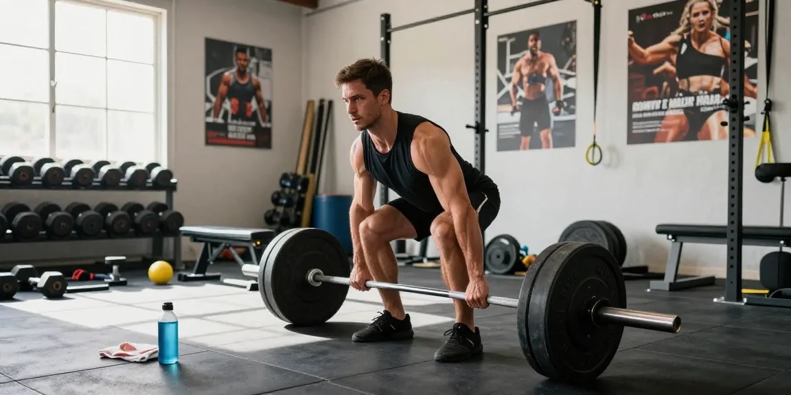 Muskelbepackter Mann trainiert im Steroidshop-Fitnessstudio, hebt schwere Gewichte, um Fitnessziele zu erreichen.