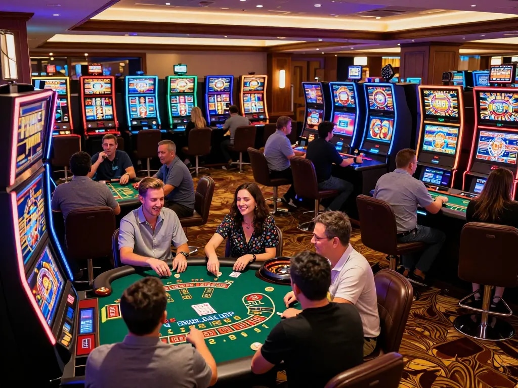 Players engaging joyfully at XX88 casino tables, capturing the excitement of gaming locals.