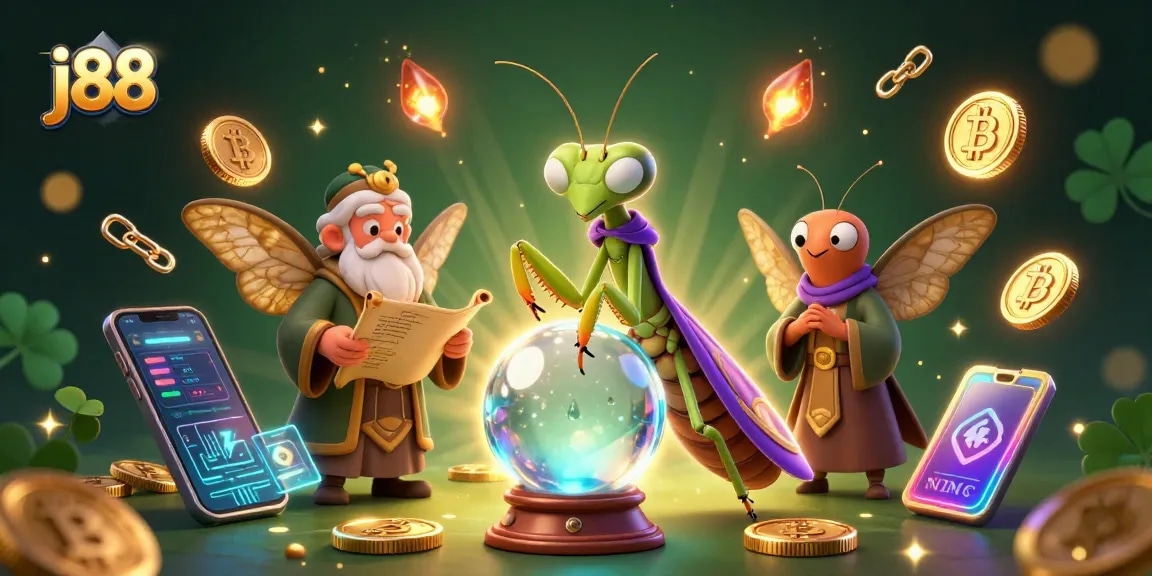 Experience j88's vibrant gaming scene with dynamic crypto elements and mystical fortune tellers.