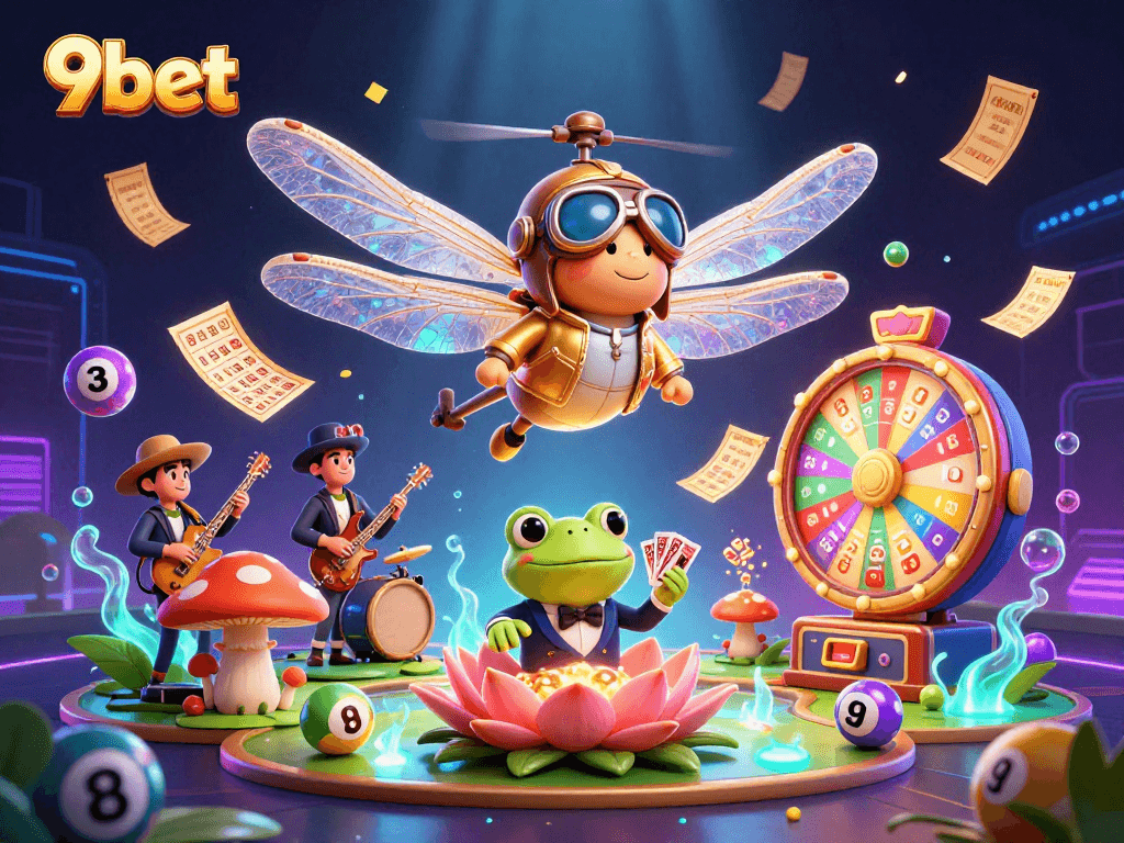 Engage with 9bet's vibrant casino world featuring a dragonfly pilot and frog croupier.