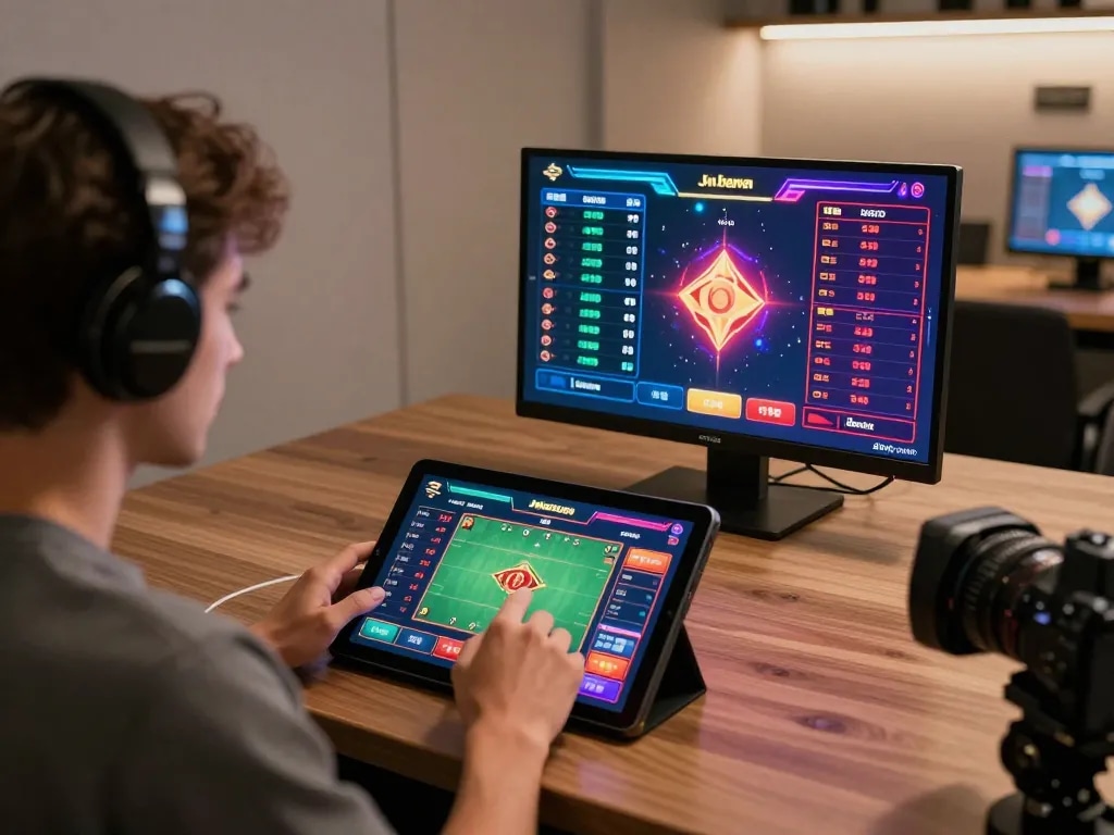 Engaging with live sports betting on dn88 com through a tablet in a modern casino-themed setting.