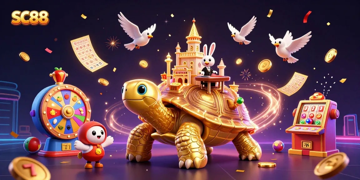 SC88 players spin slot reels with golden tortoise and festive elements in a vibrant casino scene