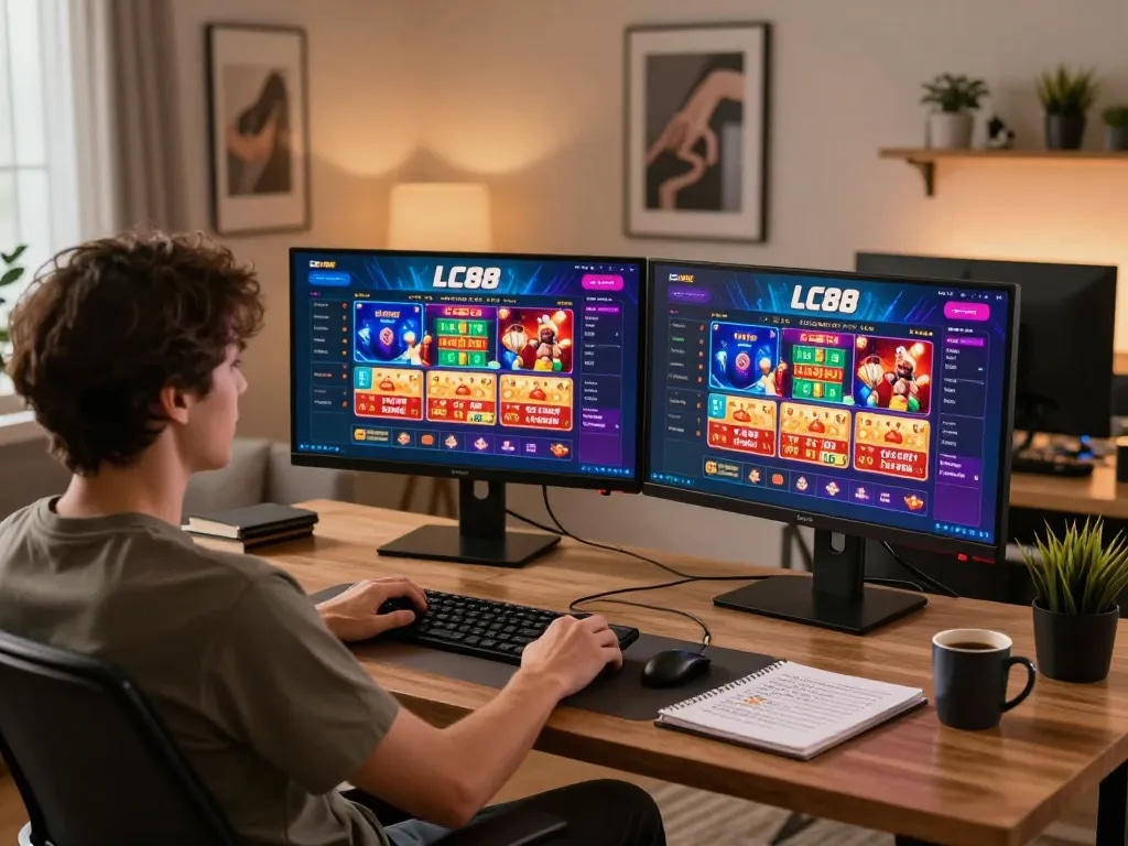 Engaged player enjoying online casino games at LC88 my on dual monitors, showcasing modern gaming setup.