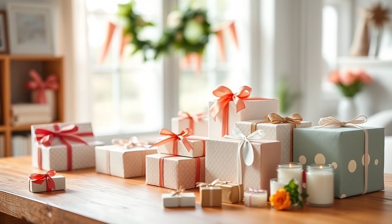 Gestaltung einer Geschenkbox mit schönen Bändern und Etiketten auf einem Tisch.