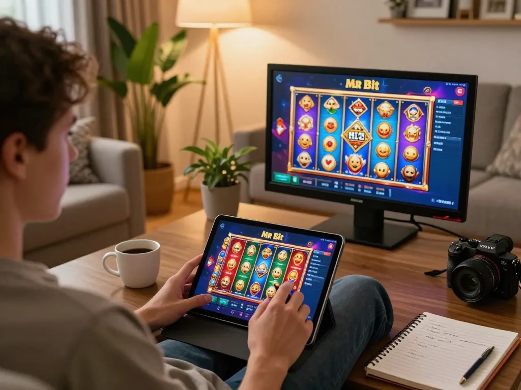 Fesselndes Gameplay auf der mrbit-de App, präsentiert in einer gemütlichen Wohnumgebung mit einem Tablet, das lebendige Casino-Slots zeigt.